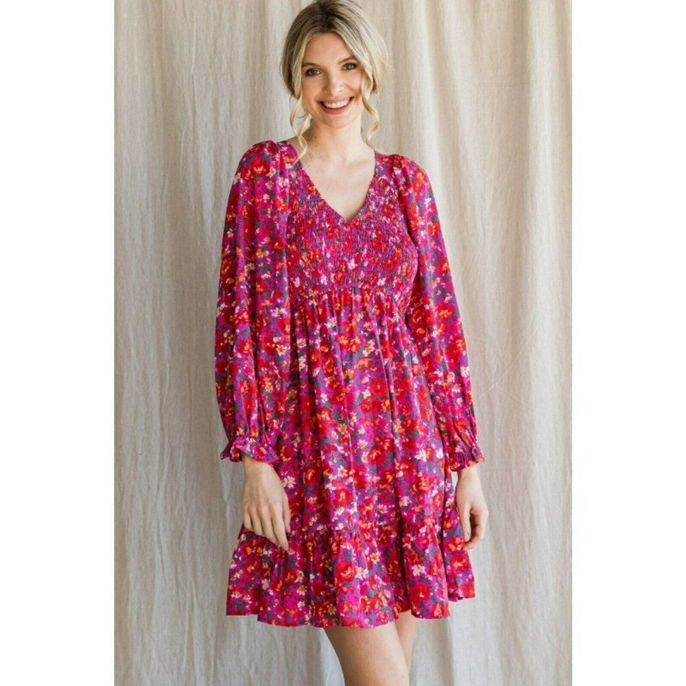 JODIFL Fuchsia Floral Pink Smocked Front Ruffle Trim Dress Fall New S-L G5392-2 - Picture 2 of 8
